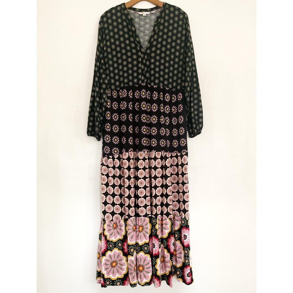 Boden Dress Womens 16 Multicolor Floral Maxi V Neck Long Sleeve Boho Jersey
